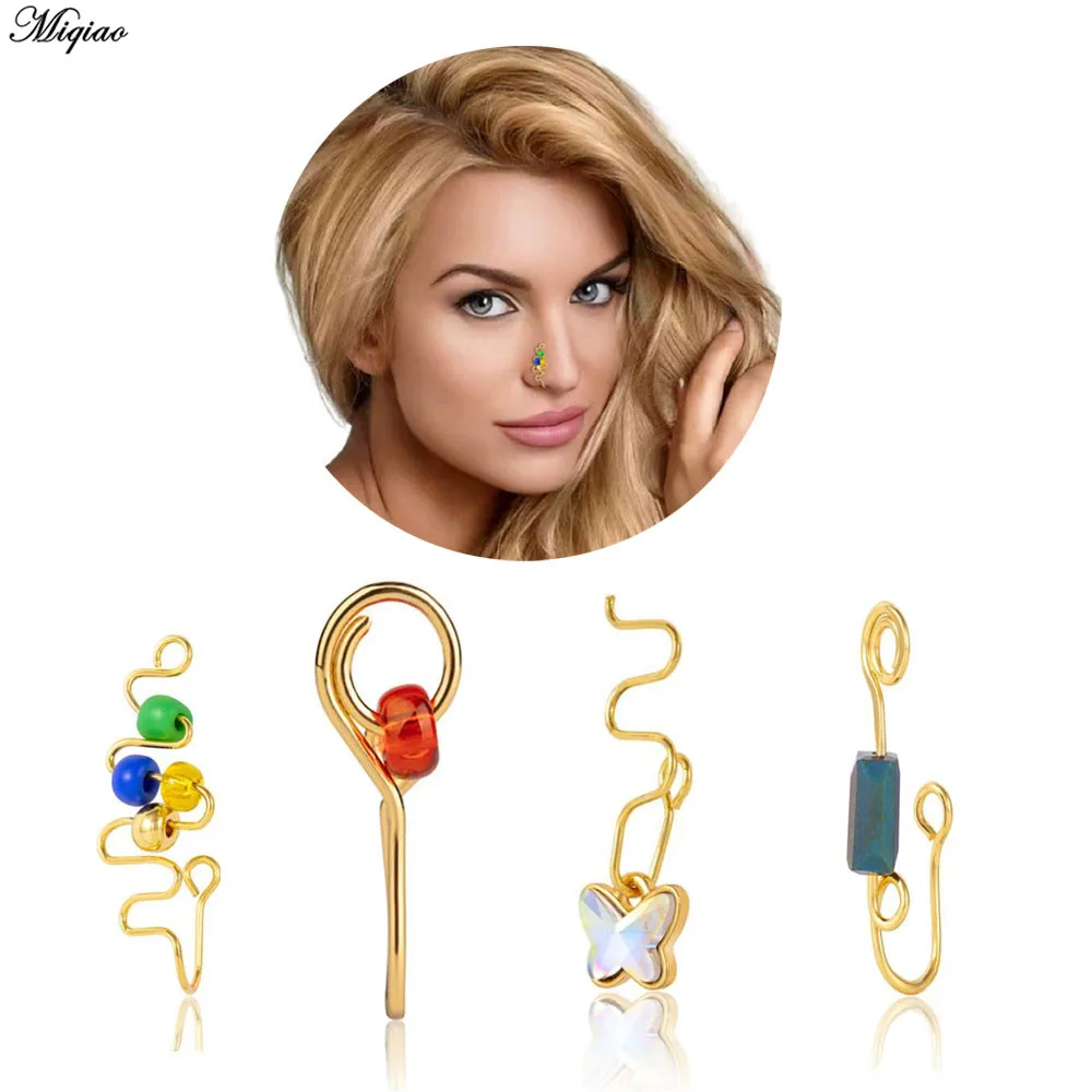 

Miqiao 1pc Stainless Steel Nose Clip Acrylic Beaded Butterfly Non-perforated Fake Nose Ring Jewelry Piercing New