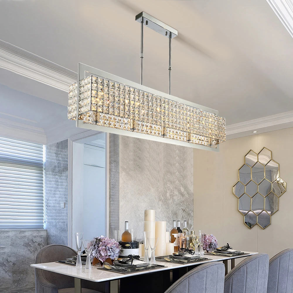 

YOOGEE Modern Crystal Chandelier For Dining Room Rectangle Design Kitchen Island Lighting Fixtures Chrome LED Cristal Lustre