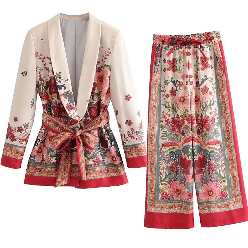 

Женский модный пиджак с принтом и широкие брюки с эластичным поясом, женская одежда, комплект из двух предметов