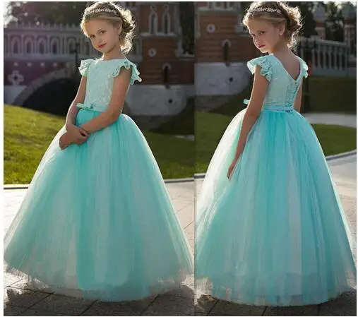 Винтажное платье для девочек небесно голубого цвета с кружевом и цветами