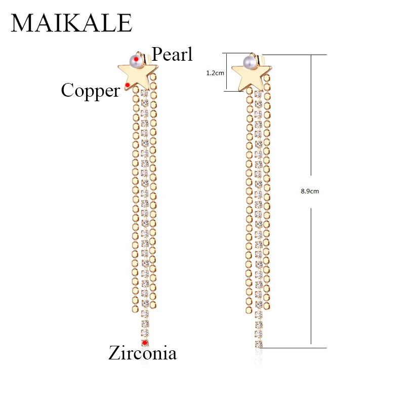 Женские длинные серьги кисточки MAIKALE роскошные циркониевые с жемчугом и золотым
