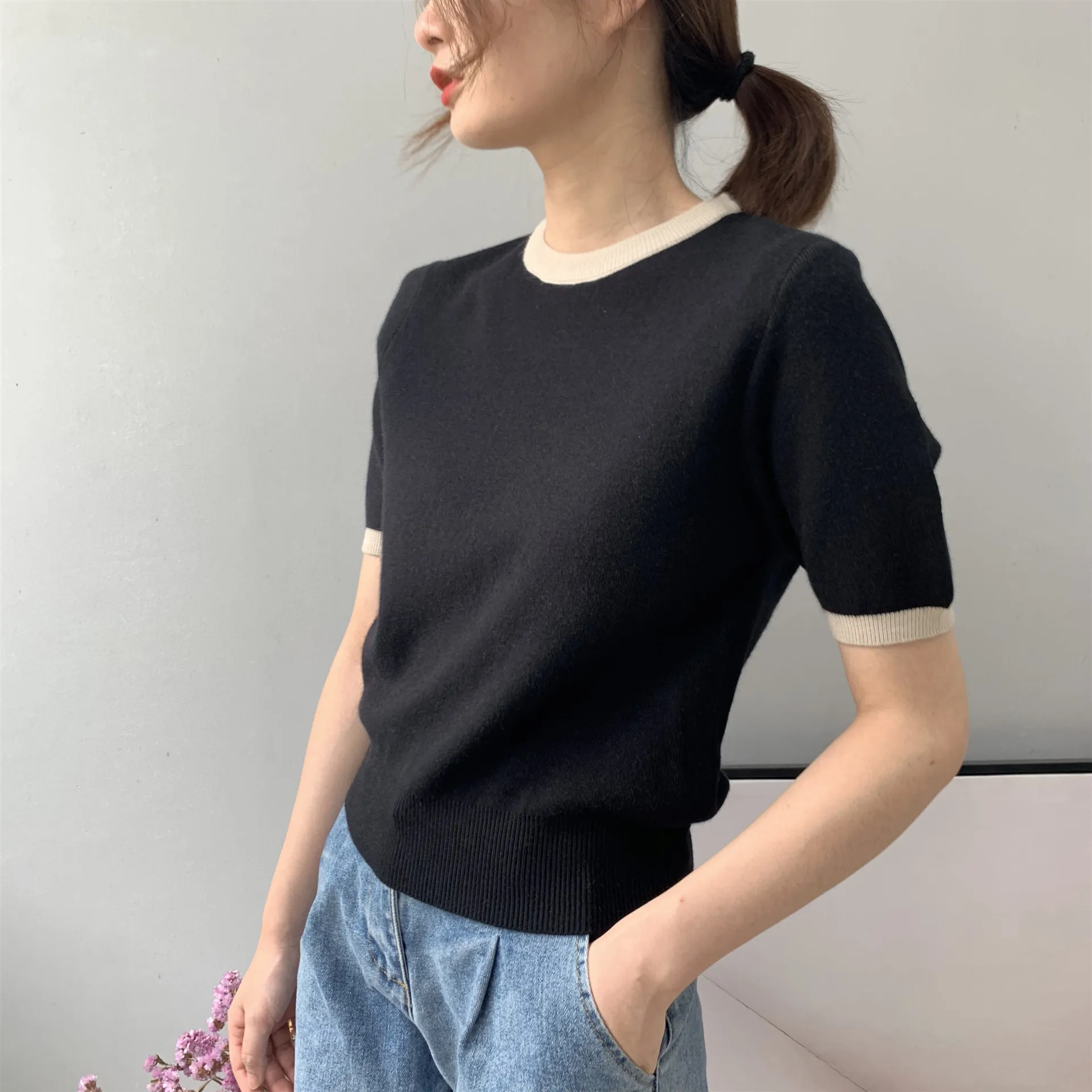 2019 Женский вязаный свитер с коротким рукавом и круглым вырезом в полоску тонкий