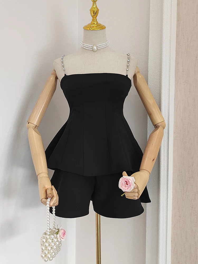 

French Slim Fit Pearl Suspender Tube Top Ruffle Top+High Waist Slimming Skirt Shorts 2021 Summer Fashion Elegant Two-Piece Set