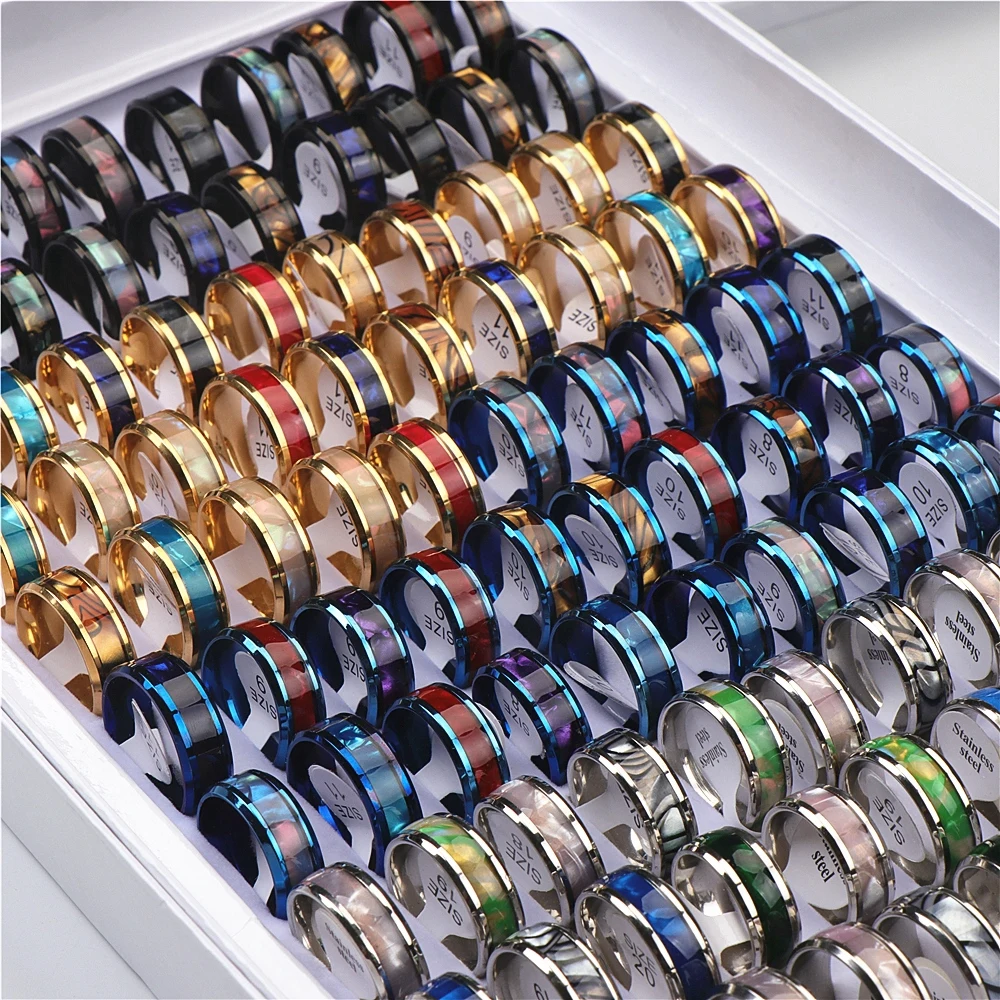 20pcs/lot Fashion Sparkling Multicolor Shell Stainless Steel Rings For Women Men Mix Style Wedding Party Finger Jewelry