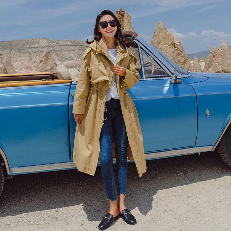 Женская Длинная ветровка с капюшоном демисезонное Свободное пальто до колена