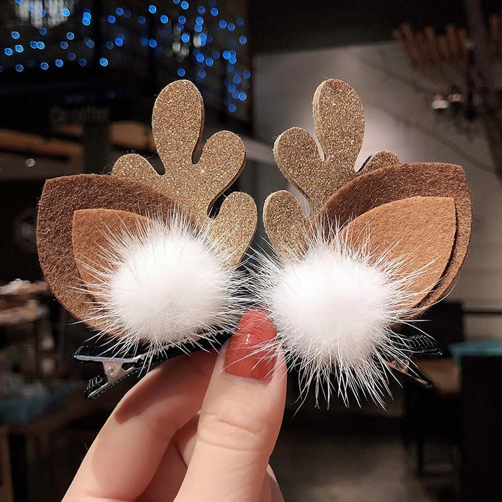 

2021 Fashion Christmas Cartoon Cute Hair Clips Deer Antlers Faux Fur Ball Girls Kids Hair Pins Hair Accessories Holiday Gift
