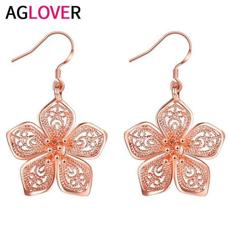 

AGLOVER S925 Sterling Silver Earrings Fashion Fine Carved Flower Rose Gold Earrings For Women Wedding Jewelry Birthday Gift