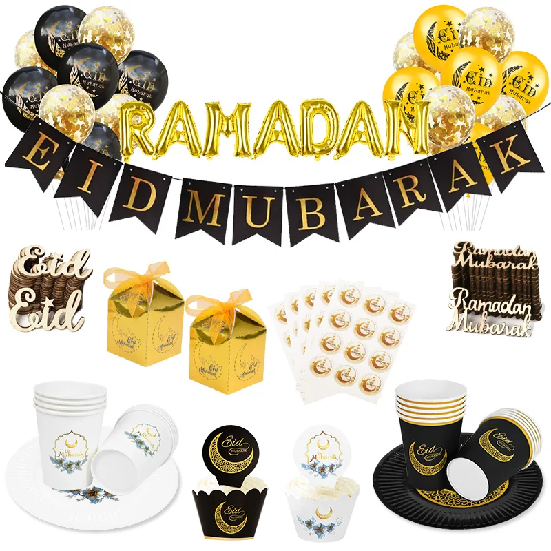 Decoración de Ramadán Kareem Eid Mubarak, juego de vajilla desechable con globos, decoración de