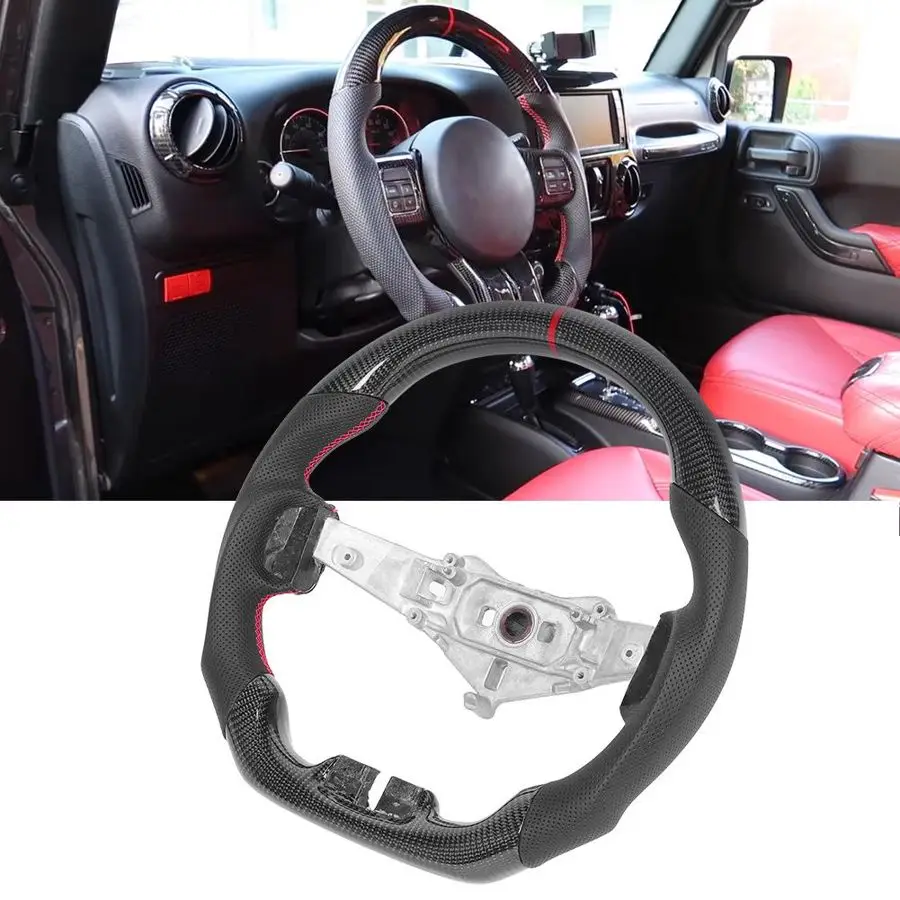 

Carbon Fiber Steering Wheel Nappa Preforated Leather Red Stitching Fit for Jeep Wrangler JK/JKU 2011 2012 2013 2014 2015-2017