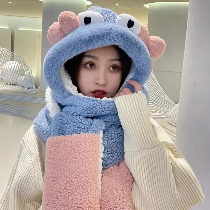 

Winter crab one-piece hat scarf gloves three-in-one plus velvet thick windproof warmth and soft Christmas dress up birthday gift