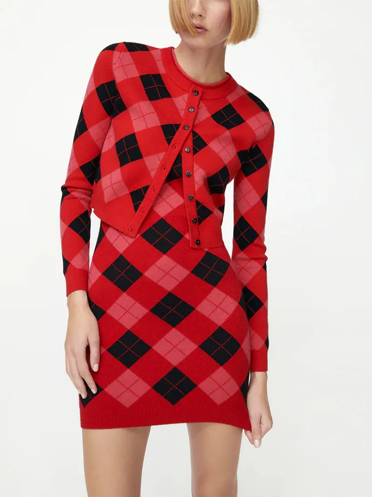 

Вязаный женский кардиган HWLZLTZHT из 2 предметов, 2021, винтажные свитера с узором ромбиками, Топ с длинным рукавом, тонкое вязаное платье, женский...