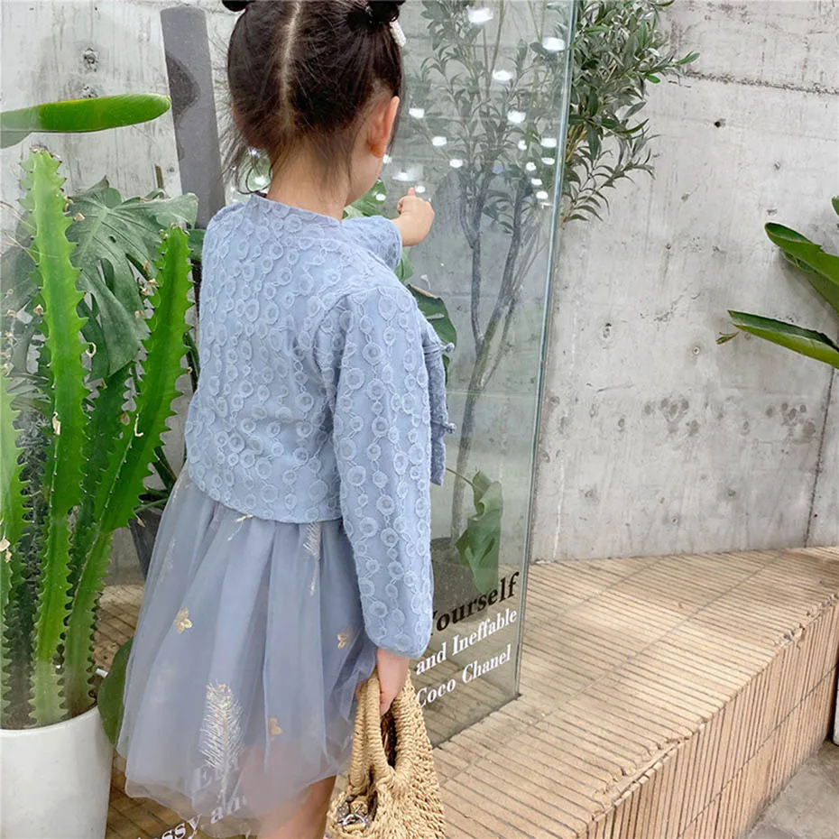 Одежда для маленьких девочек Сетчатое платье + куртка комплекты одежда в