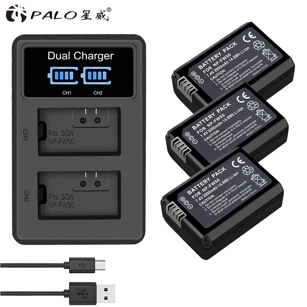 PALO 4 шт. NP-FW50 NPFW50 батарея для камеры FW50 2000mAh 7,4 V+ светодиодный двойной зарядное устройство для sony a6500/6300 A7SM2 RX10 II NEX-3/3N/5C/5 T/CD - Цвет: 1 charger 3 battery