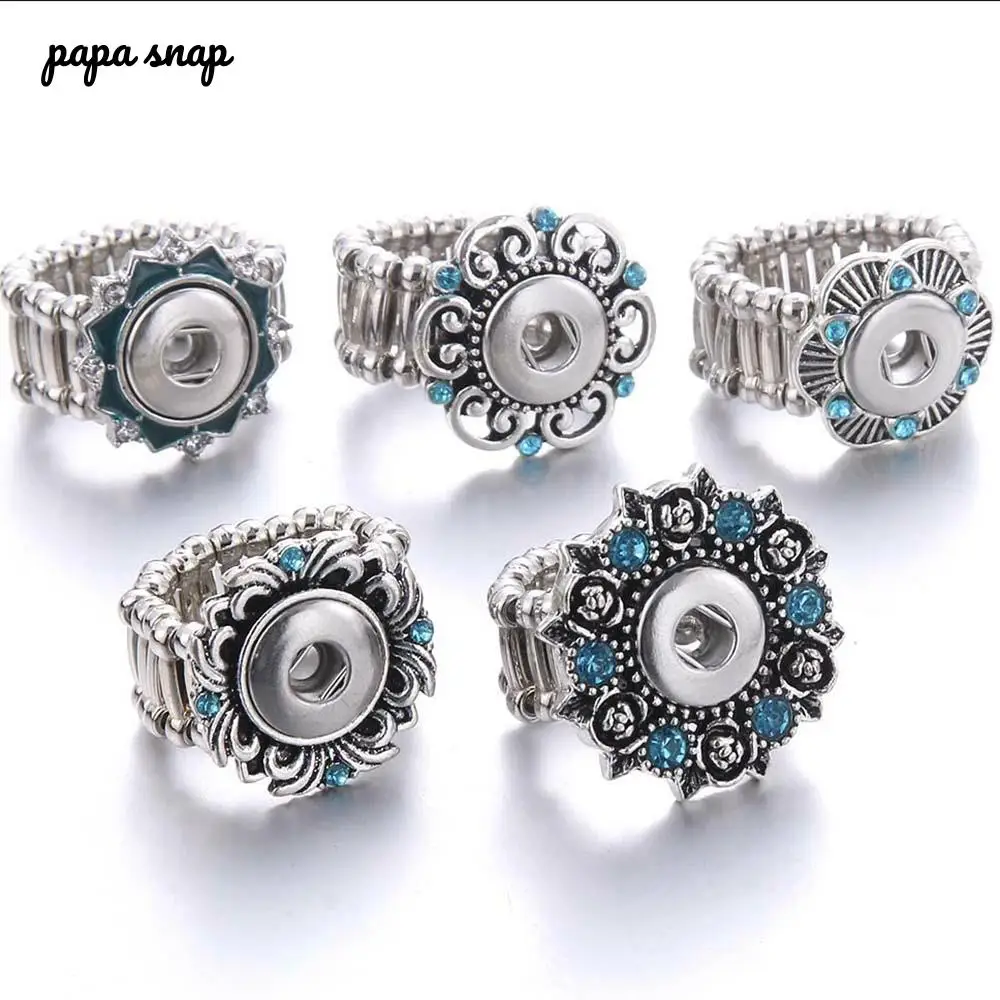 

Wholesale Snap Buttons Rings 12mm blue Crystal Metal snap ring adjustable flexible Rings for women fit 12mm Snaps jewelry