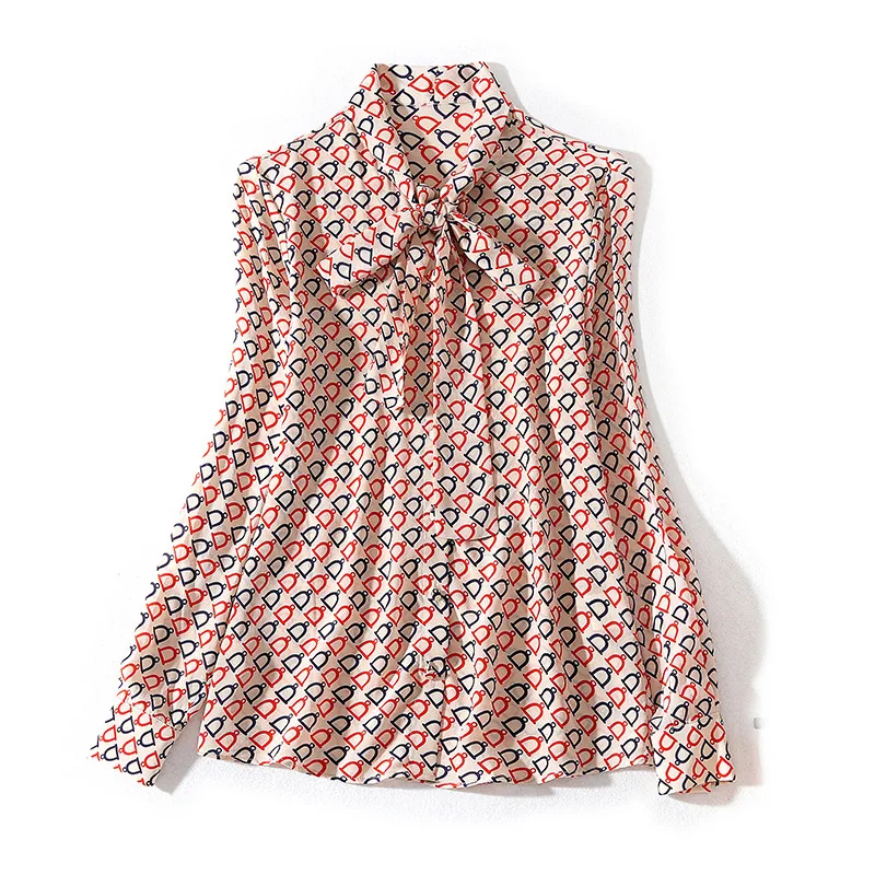

New style neckline tie bow bell Print Long Sleeve single breasted loose silk shirt top for women