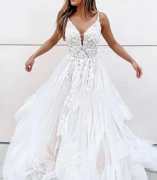 

Белое Тюлевое свадебное платье с аппликацией Vestido De Noiva, сексуальные свадебные платья с V-образным вырезом для невесты, ТРАПЕЦИЕВИДНОЕ пляжн...