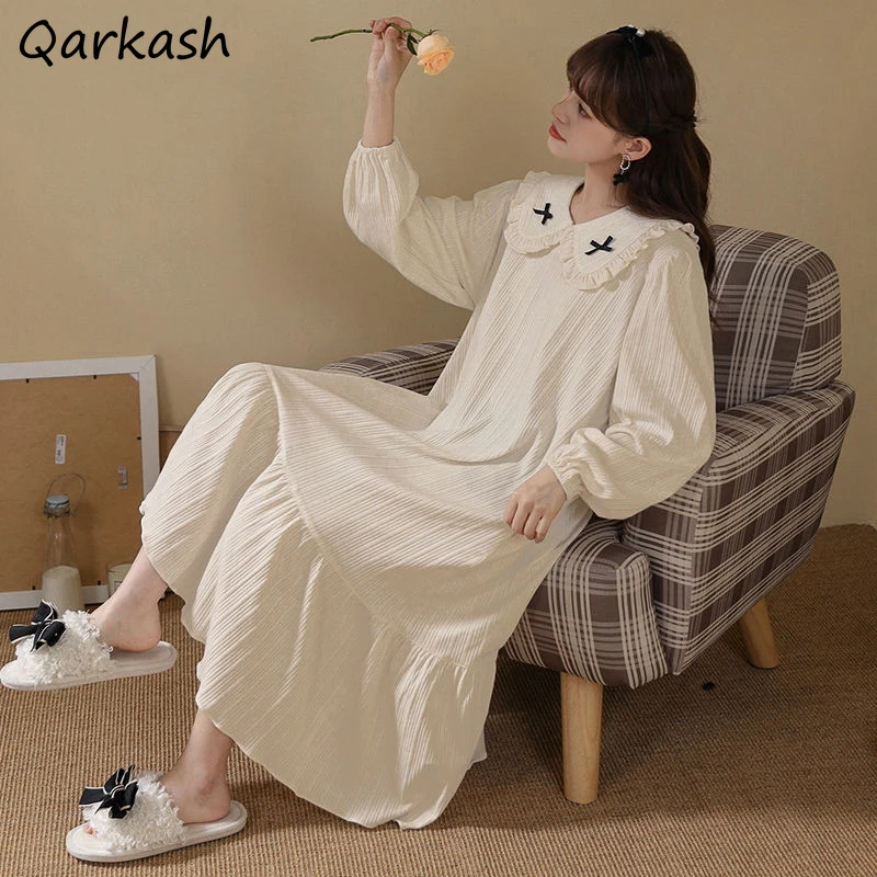

M-3XL Nightgowns Women Japanese Style Cute Nightwear Ulzzang Sleepshirts Fashion Female Turn Down Collar Maiden Autumn Simple