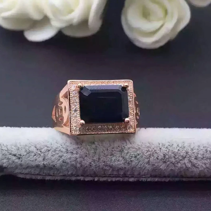 Роскошное мужское кольцо с сапфиром 7 мм * 9 натуральный черный сапфир чистый цвет