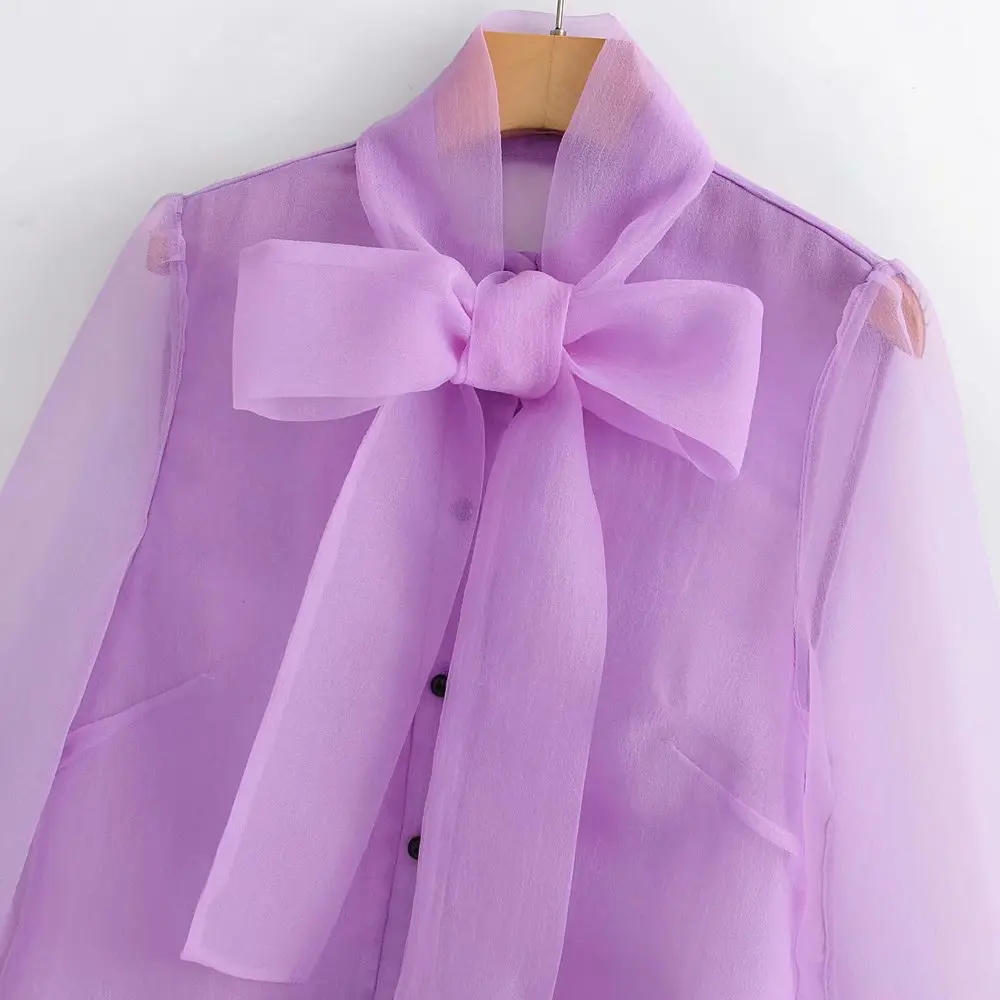 Женская сексуальная прозрачная Повседневная блуза из органзы с бантом на