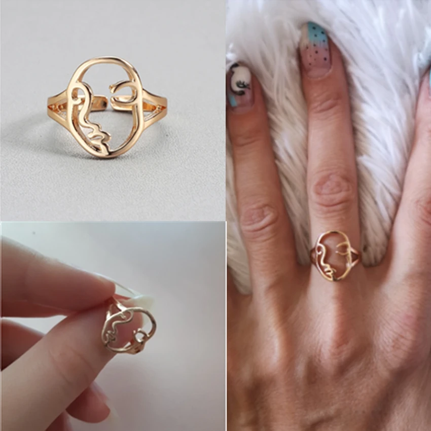 

Kinitial Unique Abstract Human Face Ring Set Hollow Minimalist Female Bague Femme Face Rings for Women Anillos Mujer Couple Ring