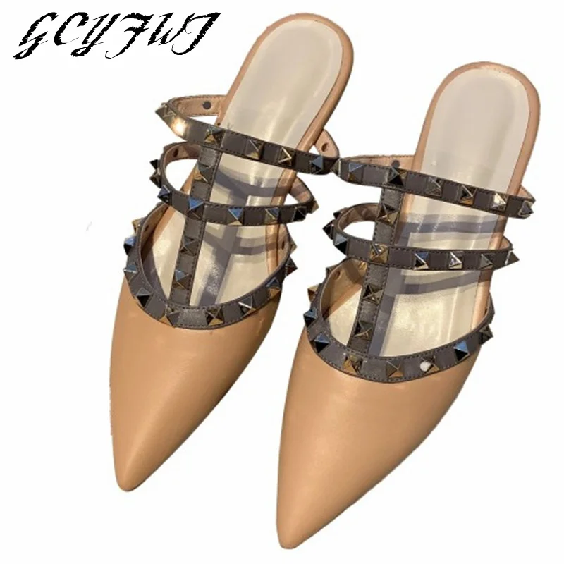 

Women Slippers Breathable Shallow Pointed Toe Rivet Slip-on Muller Girl Shoes Office Lady Solid Color Summer Sandalias Female