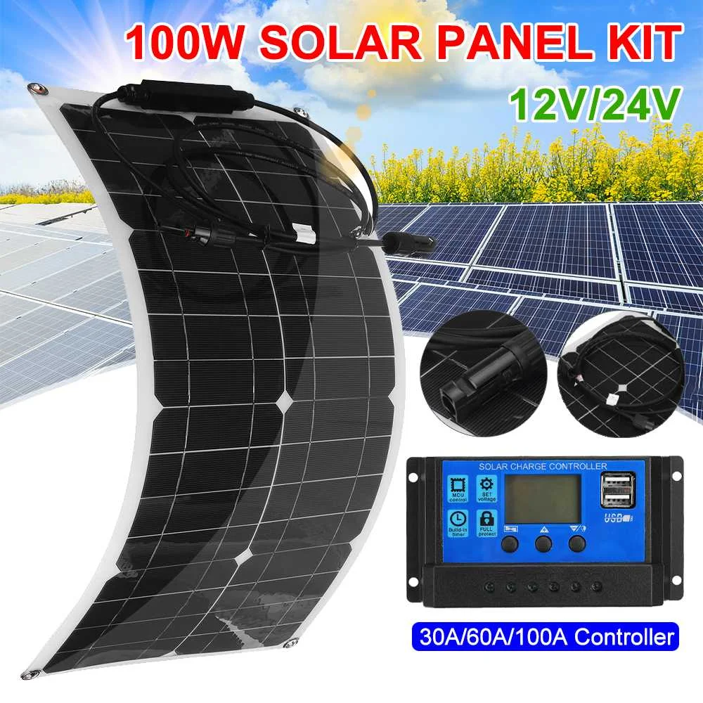 

100W Solar Panel Kit 12V/24V With 30/60/100A Controller Solar Cell Battery Charger Energy System for Car Yacht RV Camping