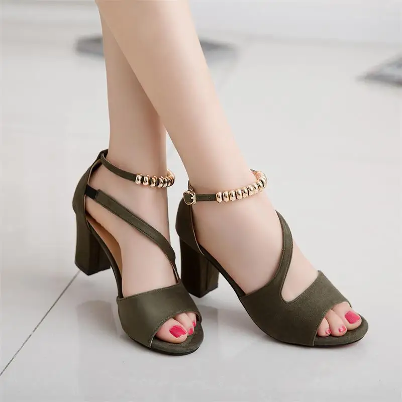 

Sandals Women 2021 New One-word Buckle Suede Thick Heel Sandals Rome High Heels Women's Shoes