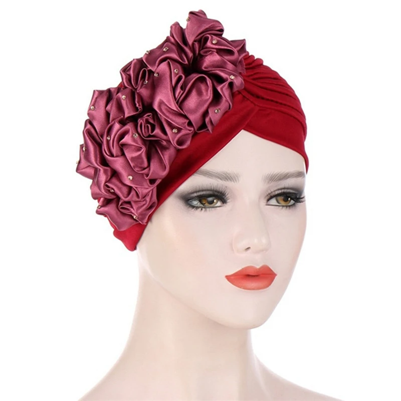 

2021 Lady Hat New Fashion Muslim Women Headscarf Hat Multicolor Large Flower Design Chemotherapy Cap Beanie Hat all-match