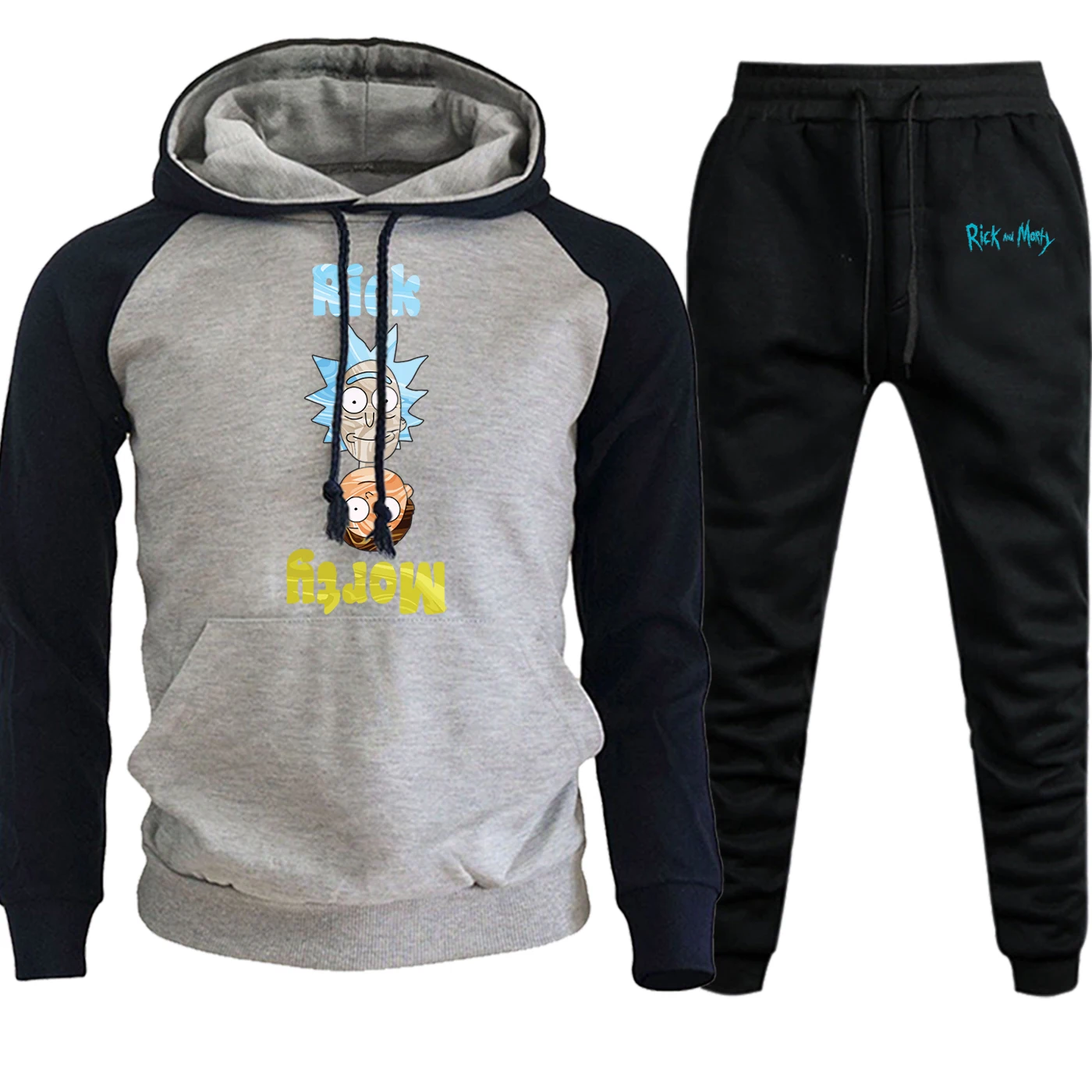 dark blue gray-6 Рик и Морти уличная толстовка реглан мужской костюм осень зима мультяшный Забавный пуловер хип-хоп толстовка+ штаны комплект из 2 предметов - Цвет: dark blue gray-6