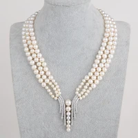 18 3 strands cultured white pearl necklace cz pave pendant