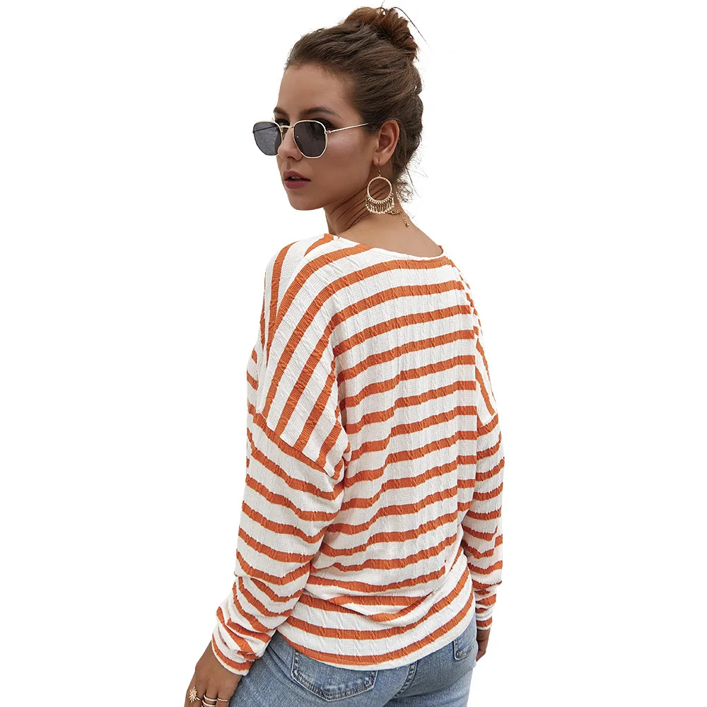 

2020 Autumn V-neck Stripe Coat Sweater Women Long Sleeve Button Front Is Knitted T-shirt Leisure Languid Lazy Loose Women Tops