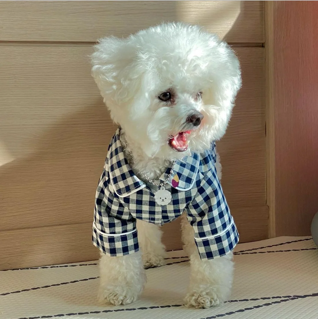 

INS wind Korean non-printed plaid khaki blue pocket pajamas dog home clothes pet Bichon Teddy clothes