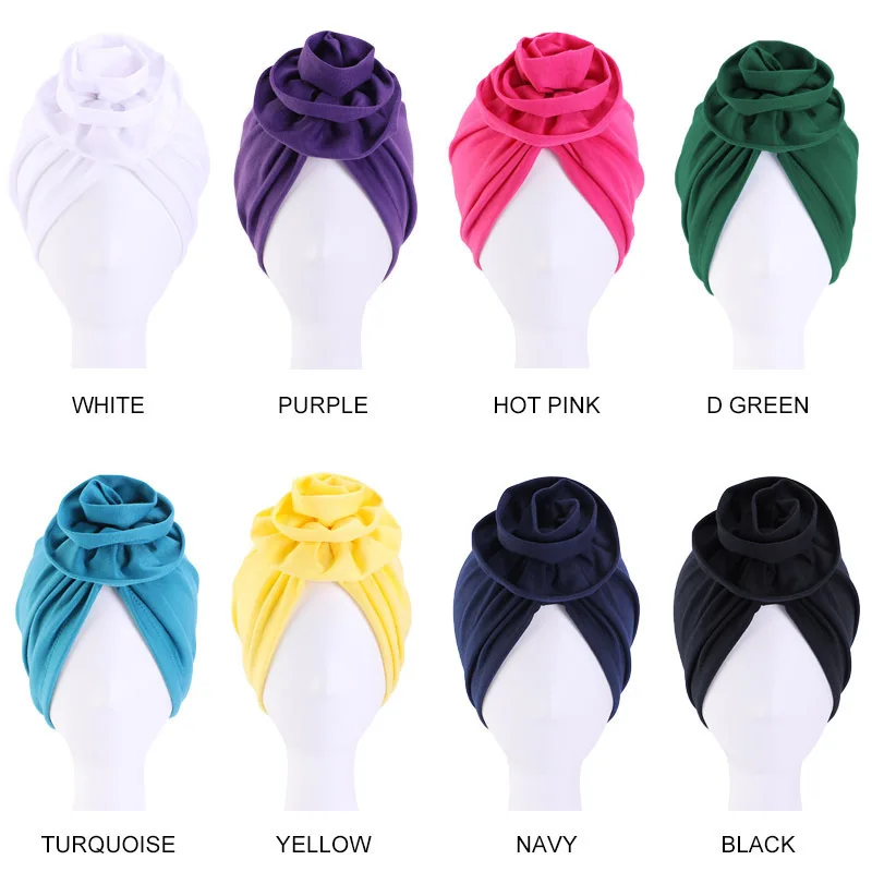 

Women's American Popular Cotton Pan Flower Turban Hat Solid Hair Cap European Muslim Chemotherapy Styling Coloring Ethnic