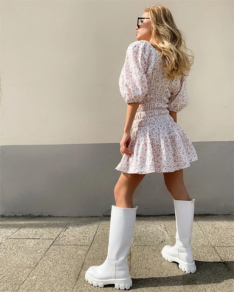 

FANIECES French Retro Sweet Square Neck Puff Sleeve Printed Short Dress Folds Drawstring Femme Elegant Dresses Ladies Clothing