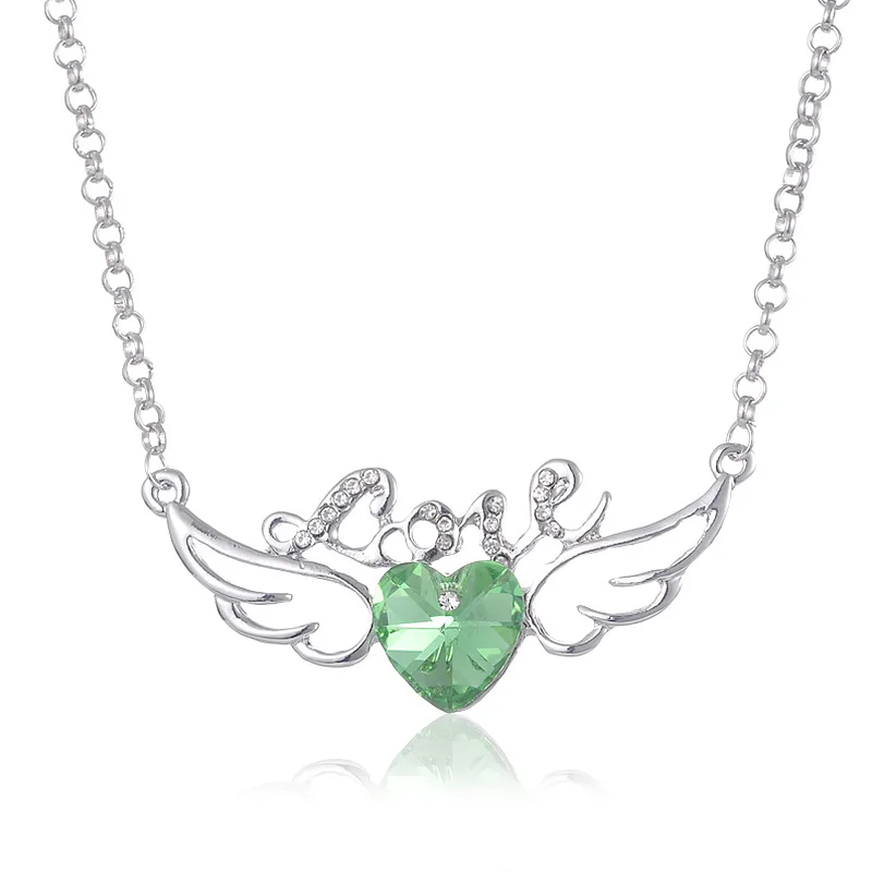 Украшенное кристаллом фиолетовое ожерелье в форме сердца Ангел ожерелья крылья