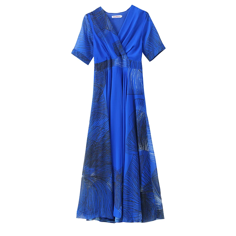 

Women Dress New Spring Summer Chiffon Print Temperament Short Sleeved V-neck Big Swing Clothing England Style Blue Red