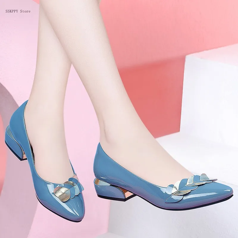 Single Shoes Women's Low-heeled Pumps Women's Shoes 2022 New Patent Leather Ladies Blue Small Leather Shoes Large Size 41