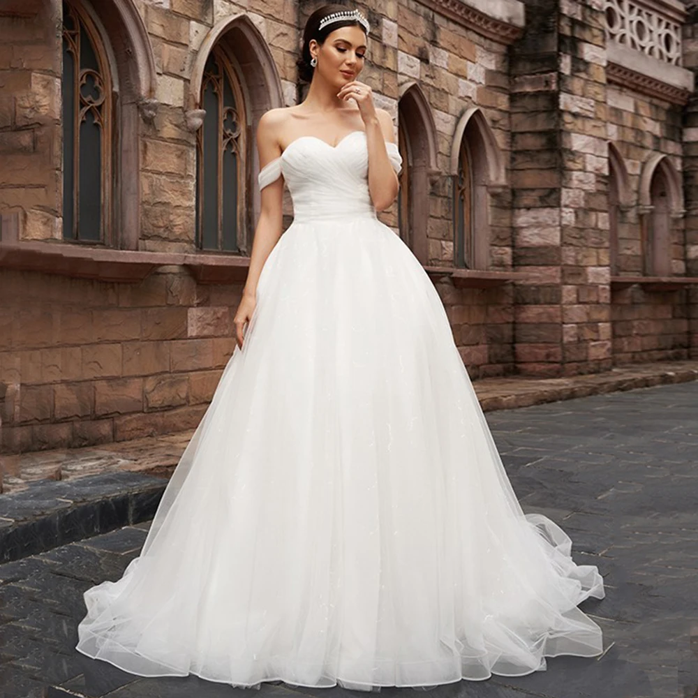 

Boho Off the Shoulder Sweetheart Wedding Dress 2021 Elegant A-Line Pleats Sweep Train Organza Backless Bridal Gowns