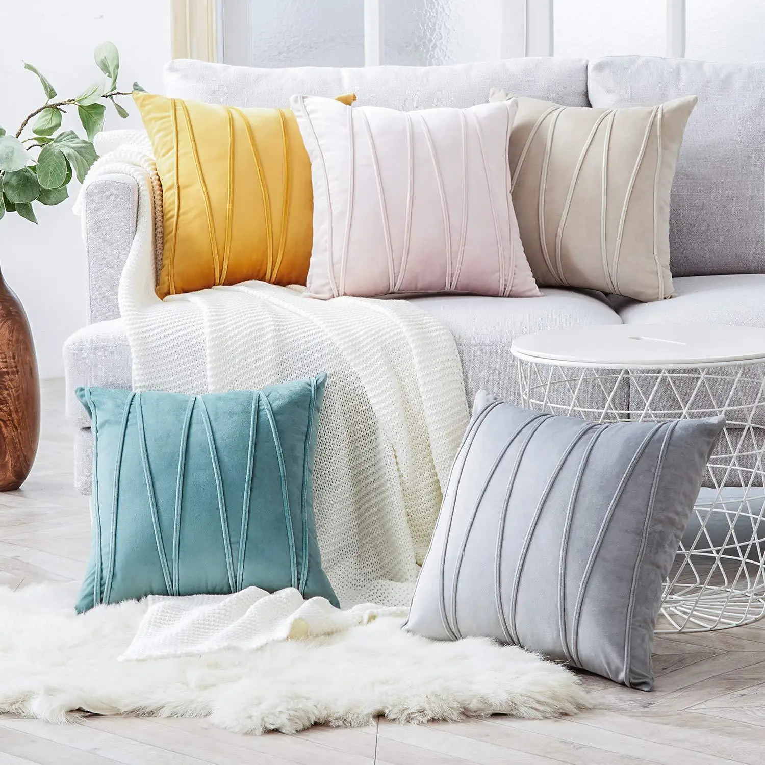 

Pink Blue Premium Gray Holland Velvet Cushion Cover W Line Pressing Line Simple Modern Pillow Sofa Back Cushion Lumbar 45*45cm