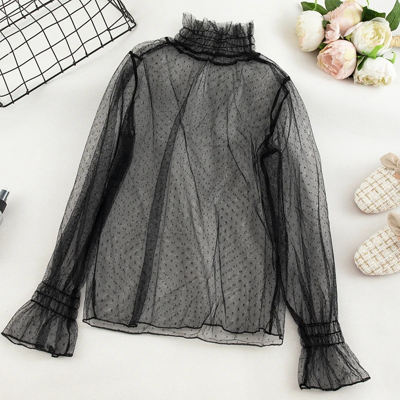 Women Blouse Shirts Новинка, женская рубашка с расклешенными рукавами в горошек, кружевной сеткой, марля, Базовая рубашка с оборками, винтажный эластичный свободный размер, вуаль, тюль, пуловер, блузка, Топ - Цвет: Women Blouse Shirts