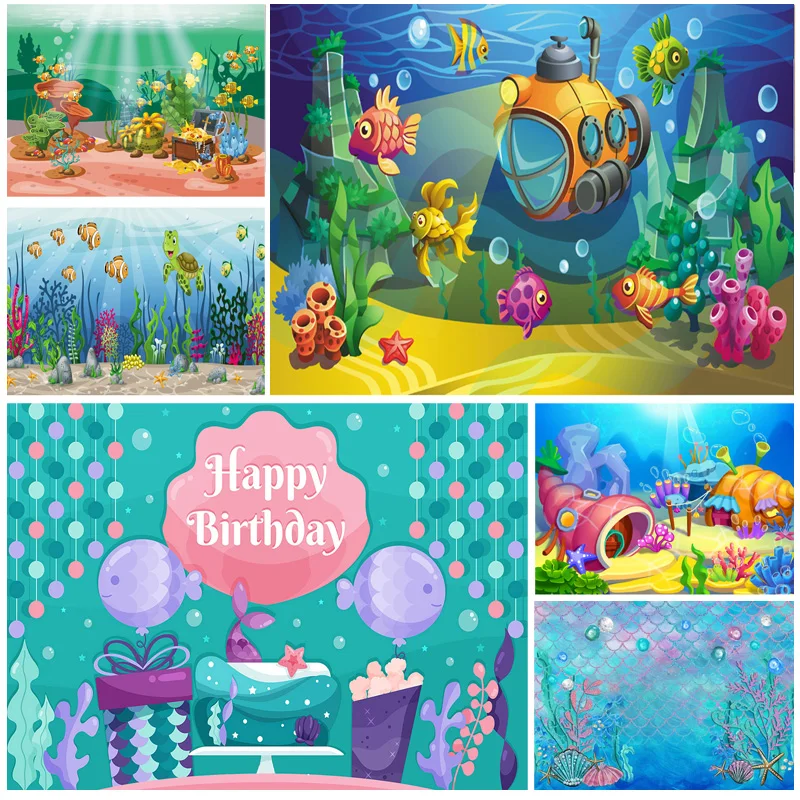 

ZHISUXI Underwater World Shark Mermaid Photography Background Baby Birthday Cartoons Backdrop Photo Studio Shoot Props HT-04