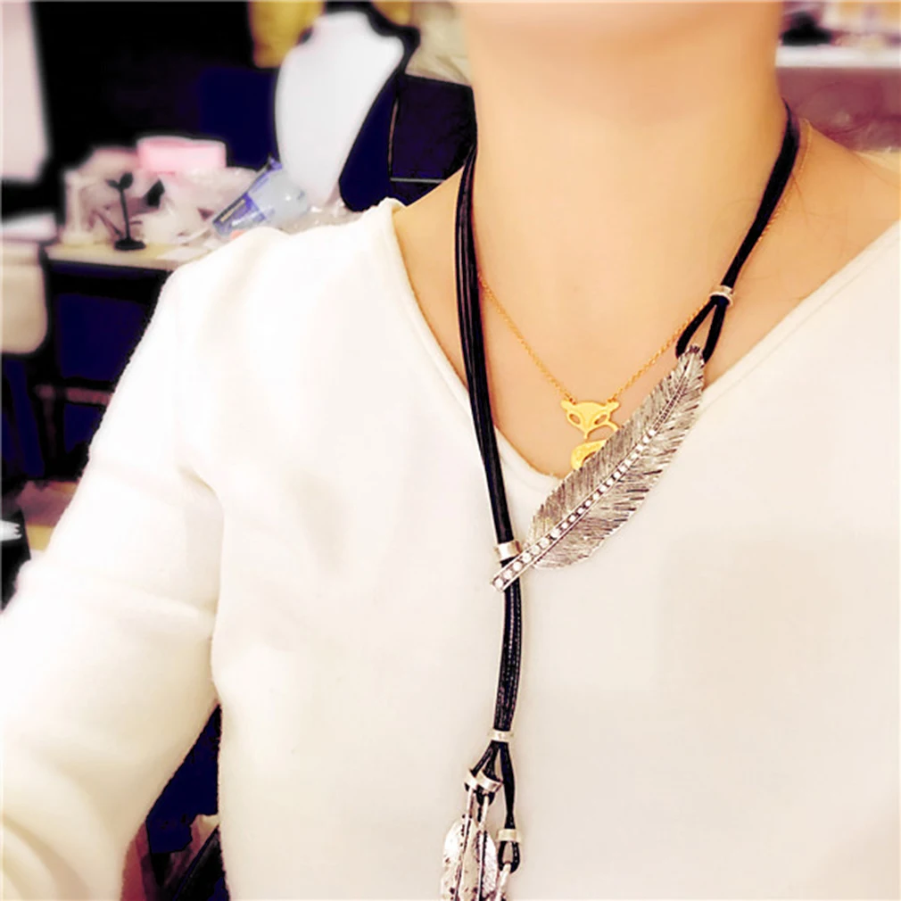 100% новая мода бронзовая Веревка Цепи перо в богемном стиле узор кулон ожерелье