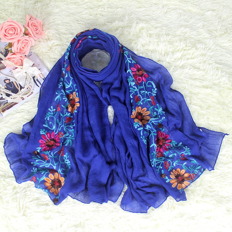

Wrap Hijab one size elegant Embroider Flower summer Viscose Shawl Scarf Muffler Headband Foulard Женский шарф 2020
