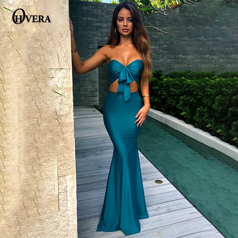 Dressmecb, элегантный комплект из двух предметов, с бантом, без бретелек, укороченный топ и макси юбки, бодикон, сексуальный комплект из 2 предметов, Womne, летняя одежда