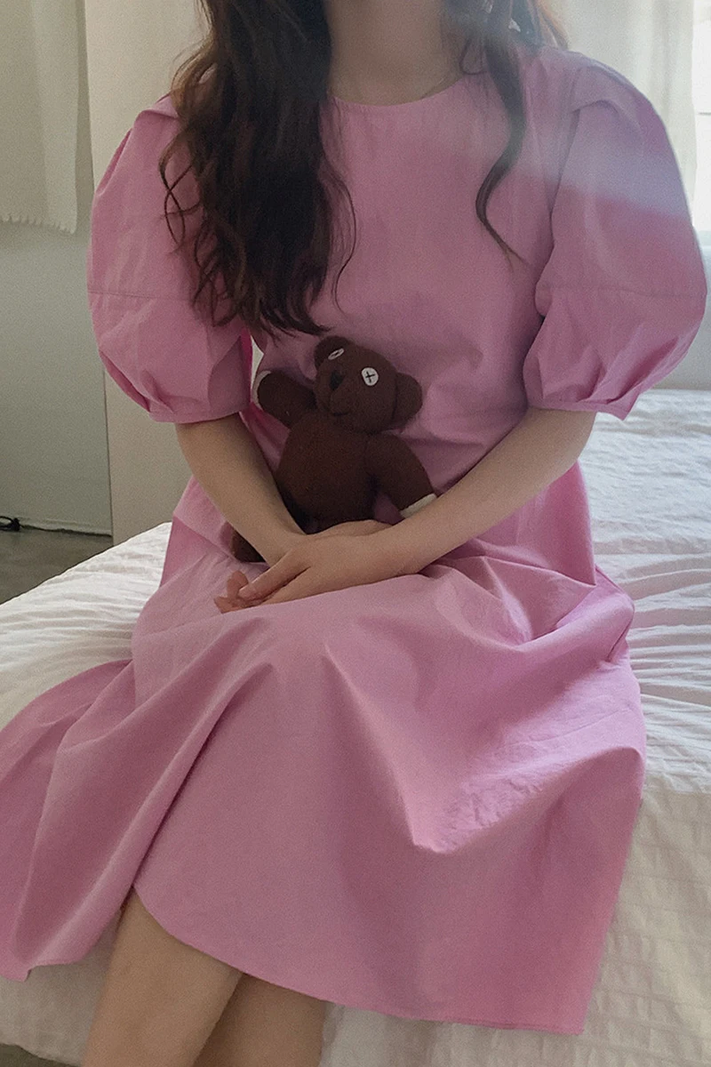 

ZCSMLL Round Neck Loose Casual Over The Knee Mid-length Pleated Puff Sleeve Dress Women Solid Color 2021 Summer New Vestido