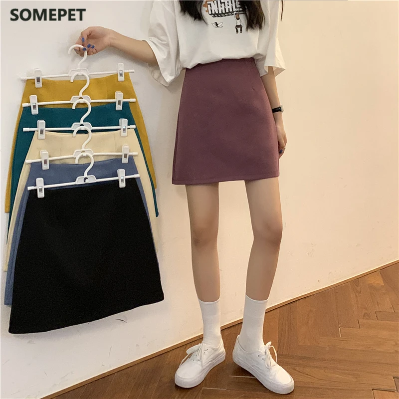 

Skirts Women Summer Solid Zipper All-match Korean-style High-waist A-line Slim Womens Students Elegant Stylish Ulzzang Simple