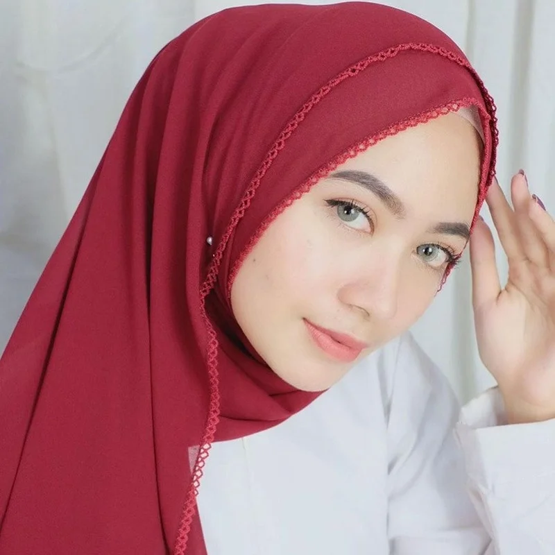 

Women Lace Chiffon Hijab Scarf Islamic Solid Color Wrap Headband Muslim Hijabs Turban Plain Long Shawl Ladies Headscarf 175*72cm