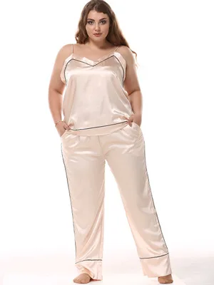 champagne PJ Set Женский пижамный комплект размера плюс, одежда для сна, комплект из двух предметов, домашняя одежда, пижамы для женщин, шелковая атласная пижама, женская мода, большой размер, сексуальный - Цвет: champagne PJ Set