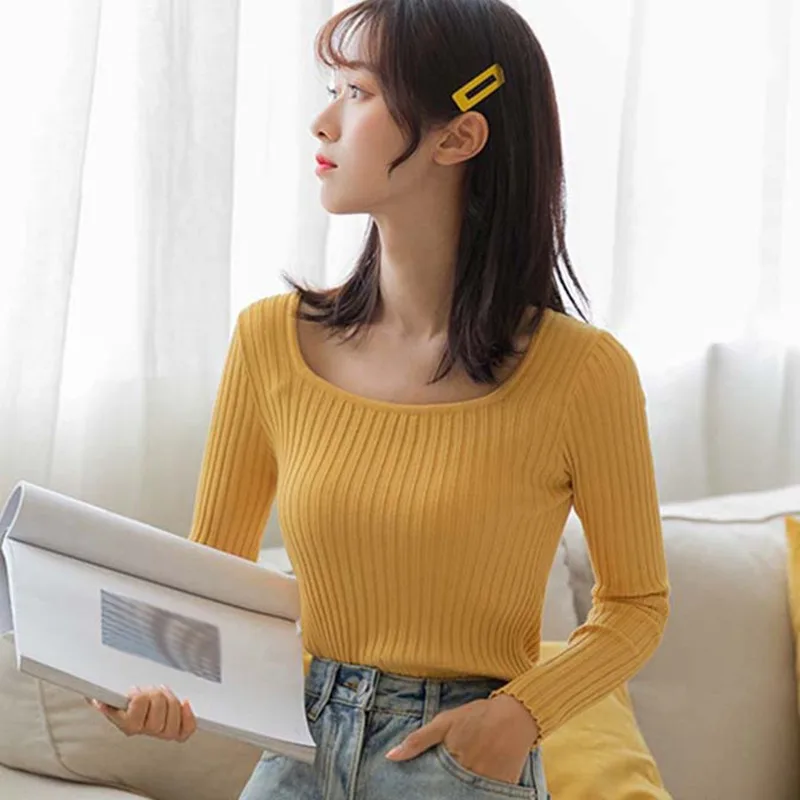 

Autumn Winter Women Knitted Sweaters Autumn Long Sleeve Square Collar Slim Pullover Solid Color Female Jumper Sweaters For Women
