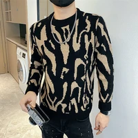 zebra pattern mens sweater autumn winter long sleeve round neck knitted sweater korean casual social street wear pullover homme